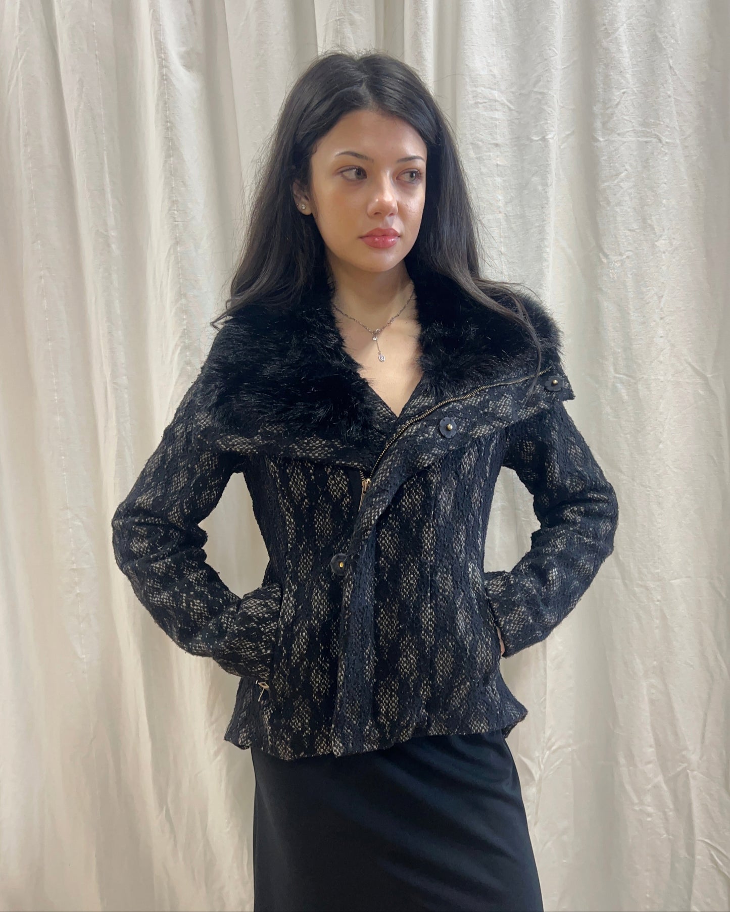 Bebe Lace Overlay Faux Fur Collar Coat