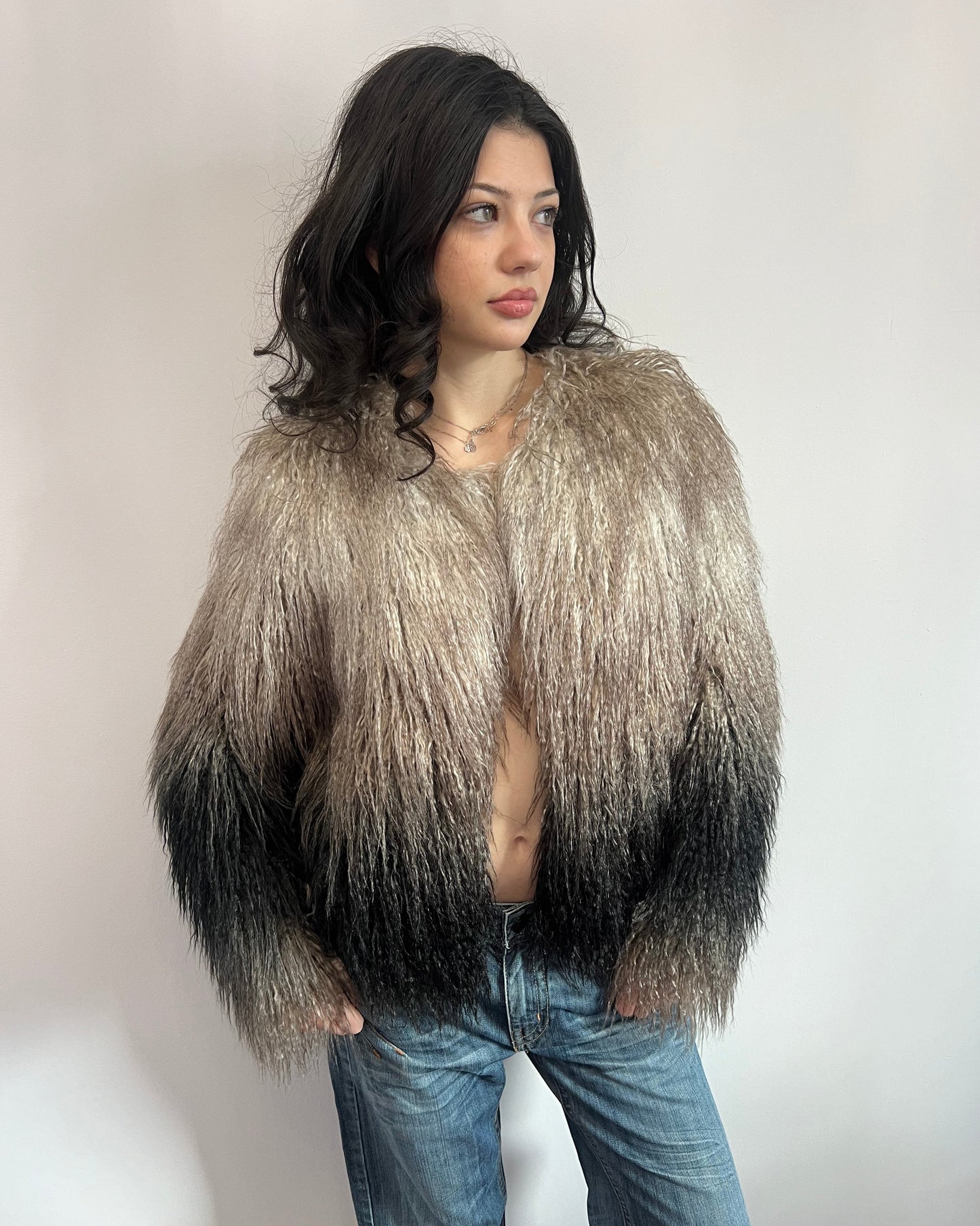 Faux Fur Shaggy Black & Grey Gradient Coat