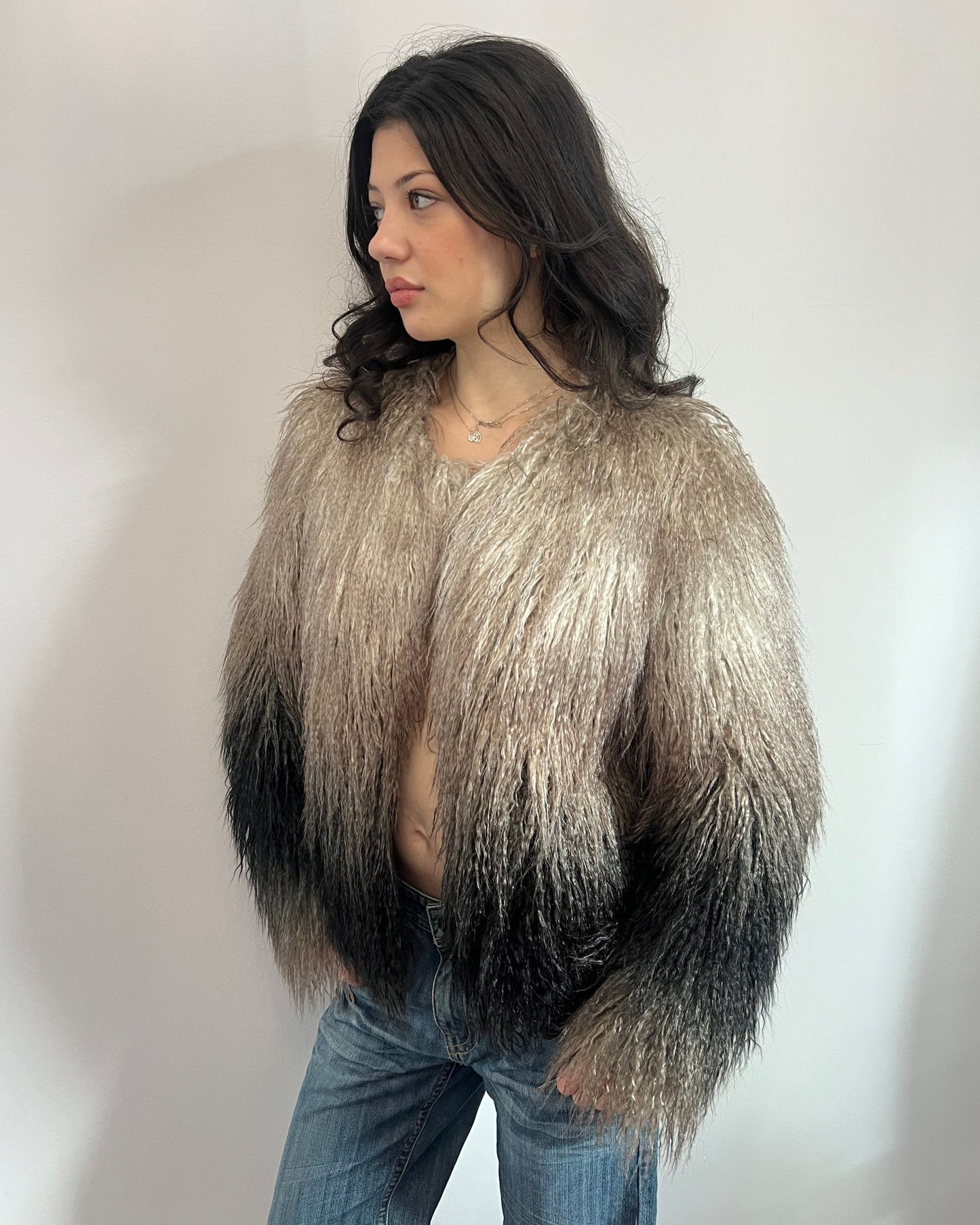 Faux Fur Shaggy Black & Grey Gradient Coat