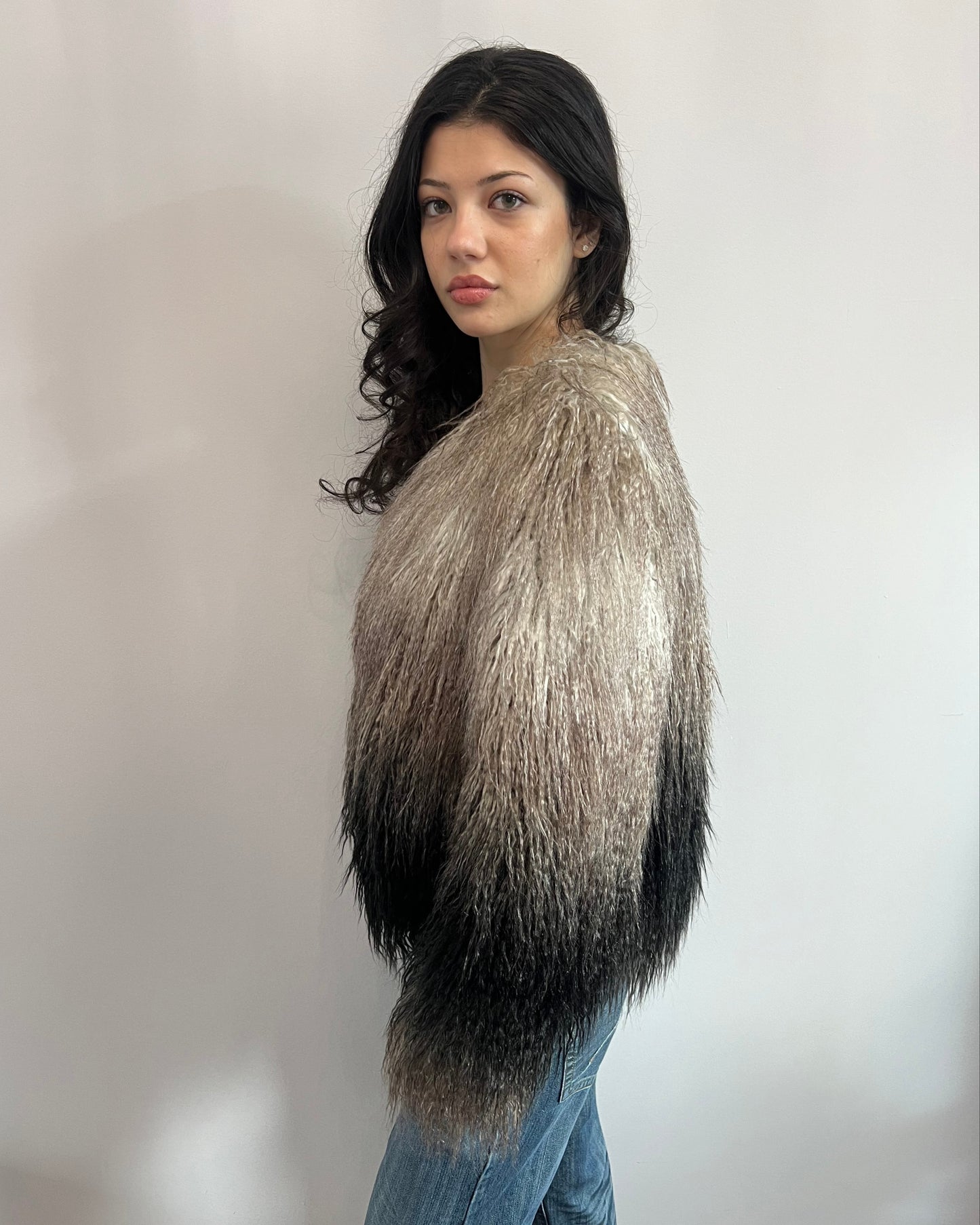 Faux Fur Shaggy Black & Grey Gradient Coat