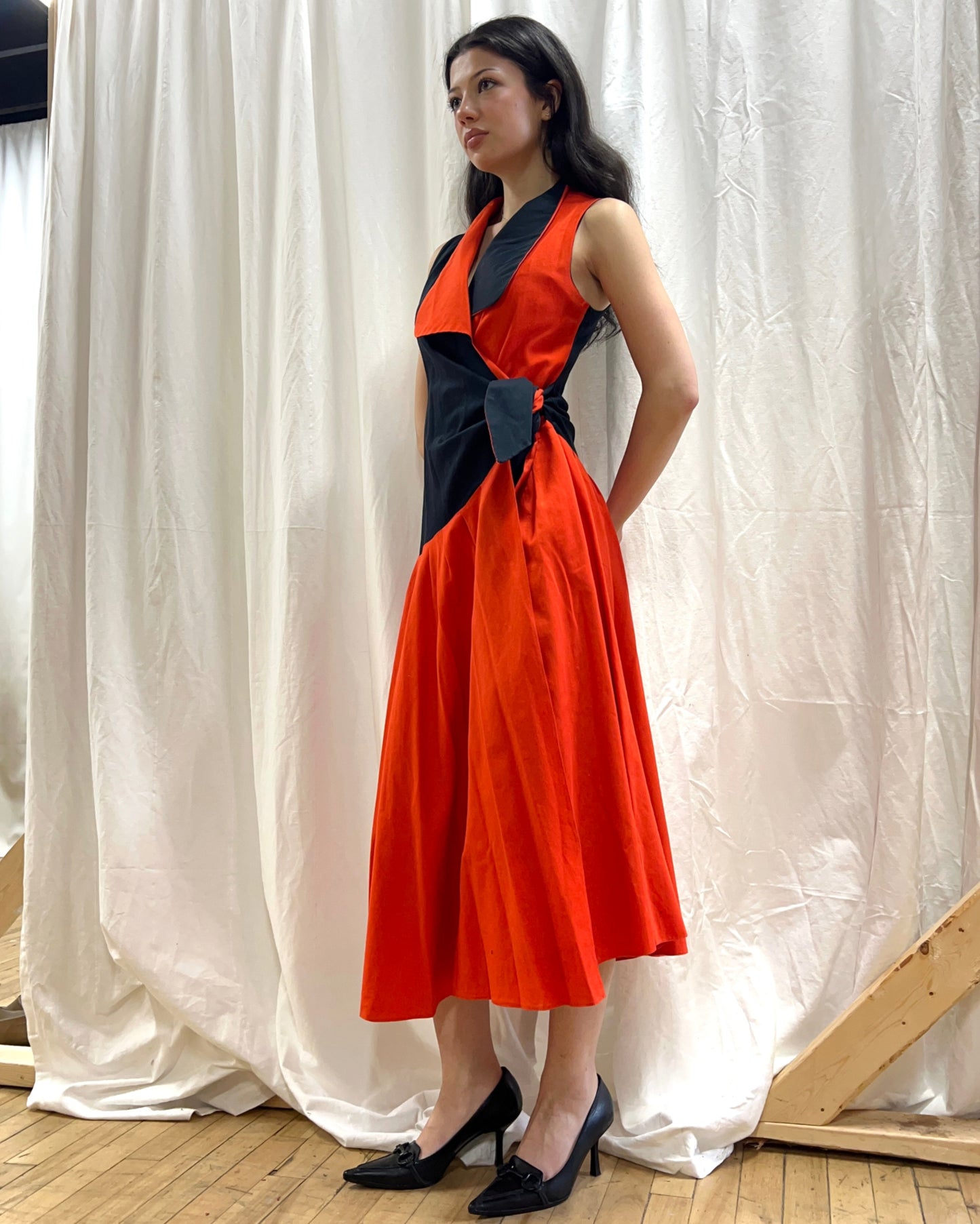 French Designer 1980's Orange & Black Wrap Midi Dress