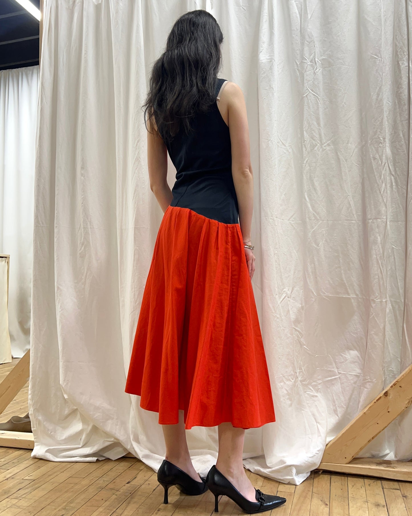French Designer 1980's Orange & Black Wrap Midi Dress