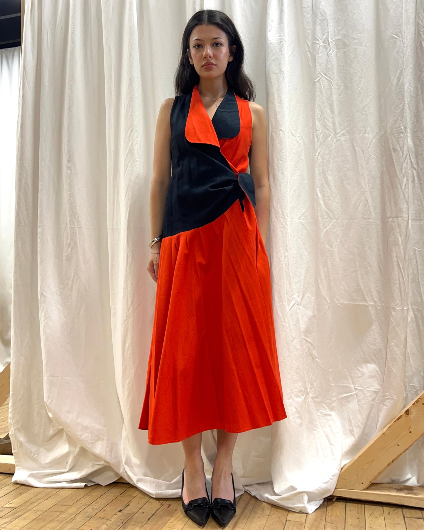 French Designer 1980's Orange & Black Wrap Midi Dress