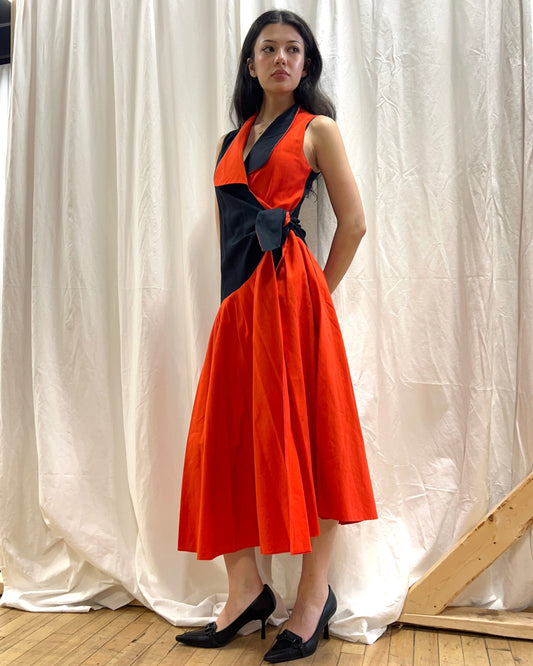 French Designer 1980's Orange & Black Wrap Midi Dress