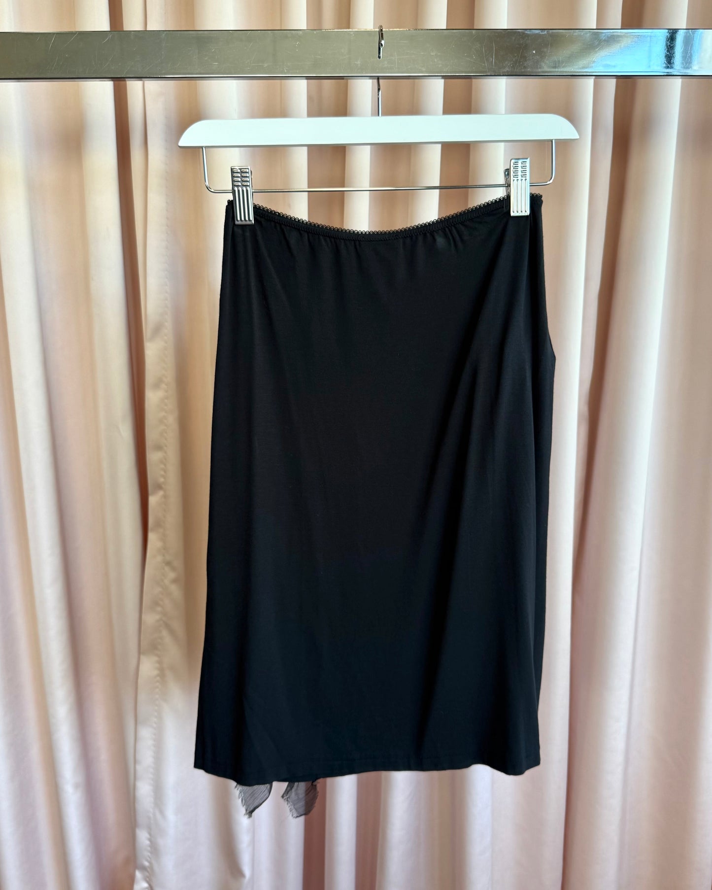 Italian Designer Black Micromodal Silk Ruffle Midi Skirt