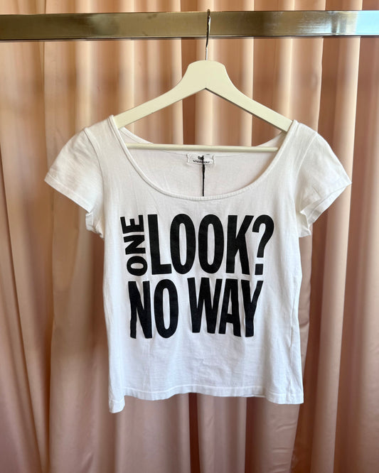 Japanese Brand "One Look? No Way" Black & White Text Graphic Top