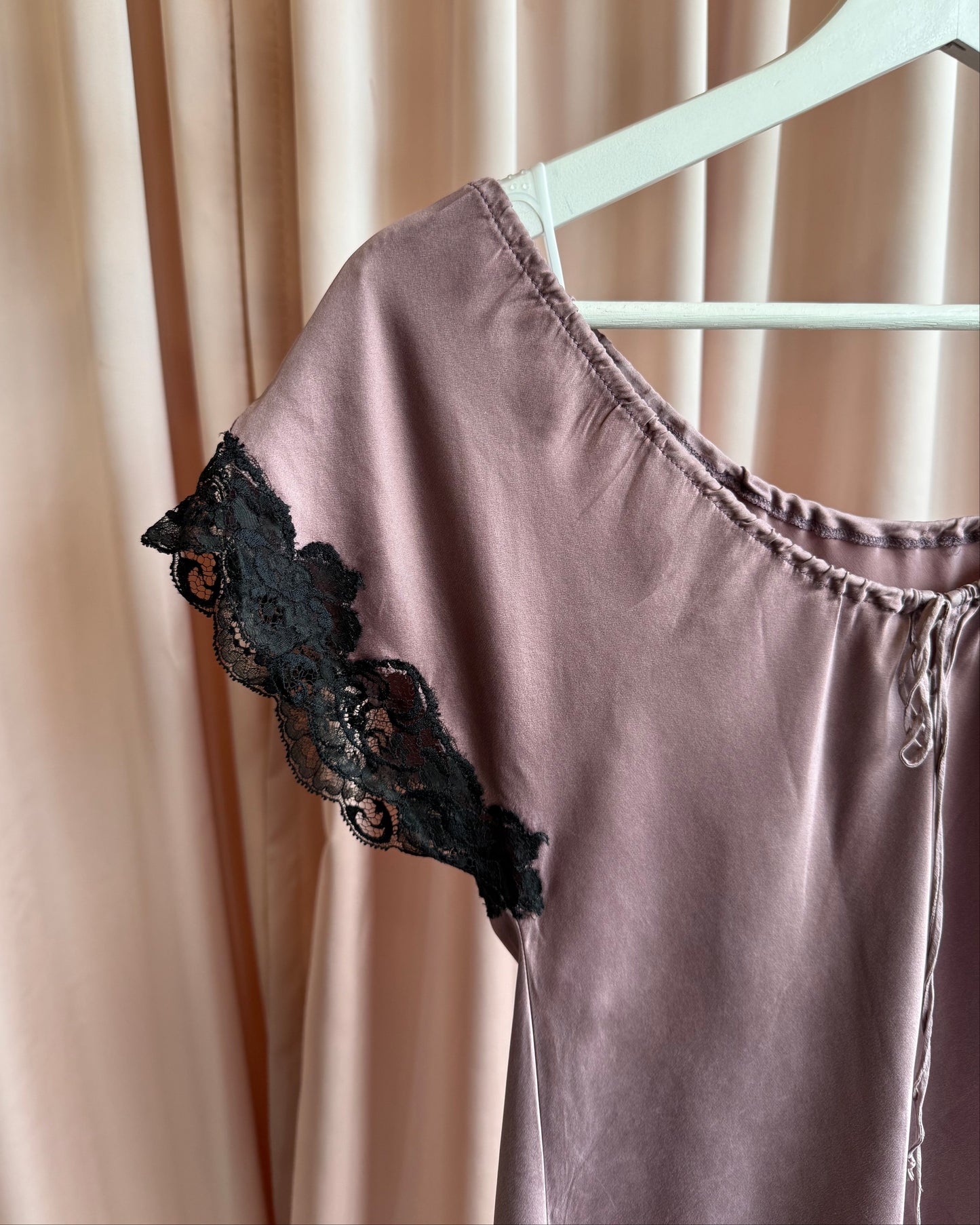 1990's Dusty Purple 100% Silk Lace Trim Dress