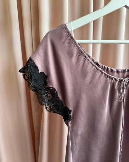 1990's Dusty Purple 100% Silk Lace Trim Dress