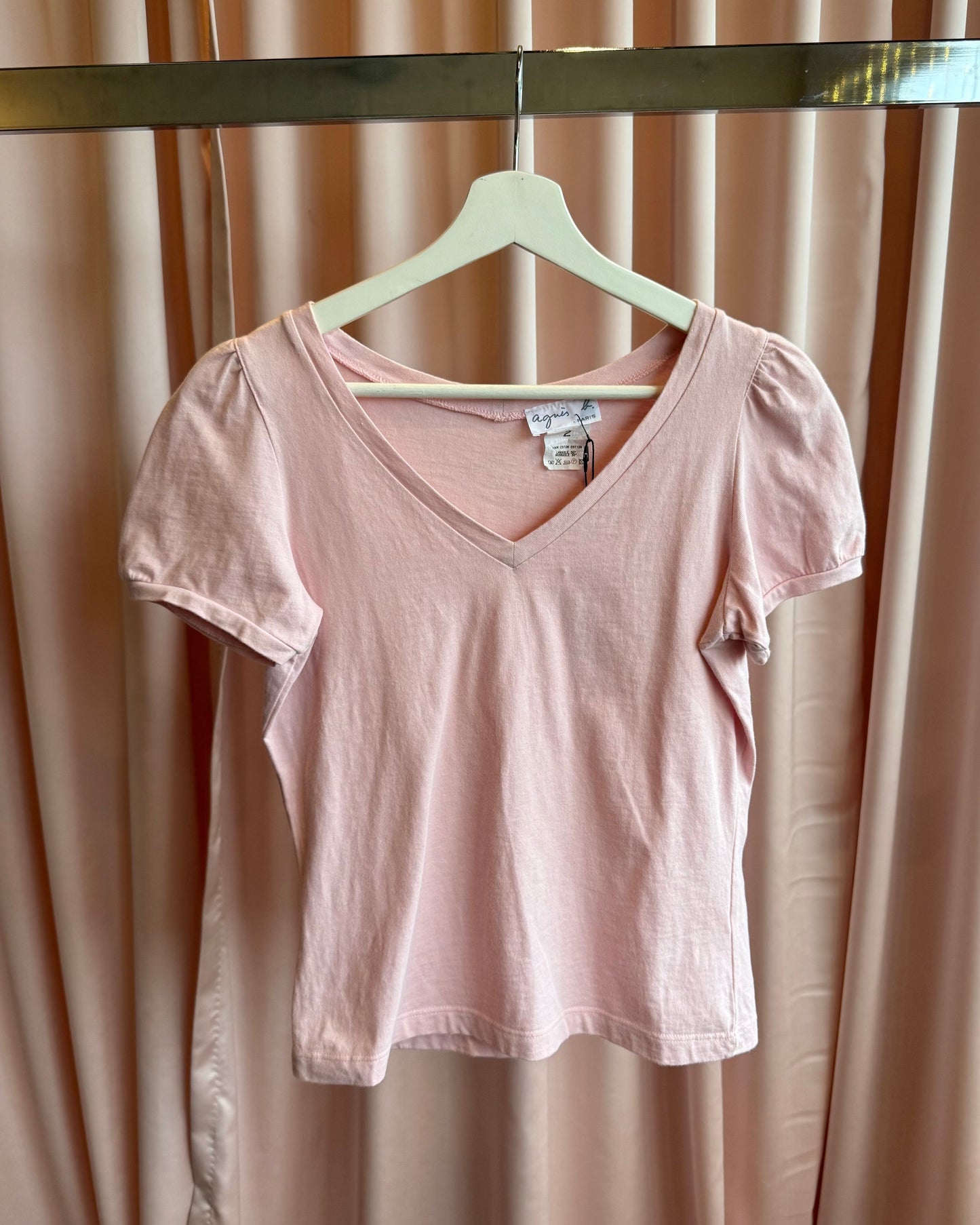 French Brand Pink Puff Sleeve V-Neck T-Shirt