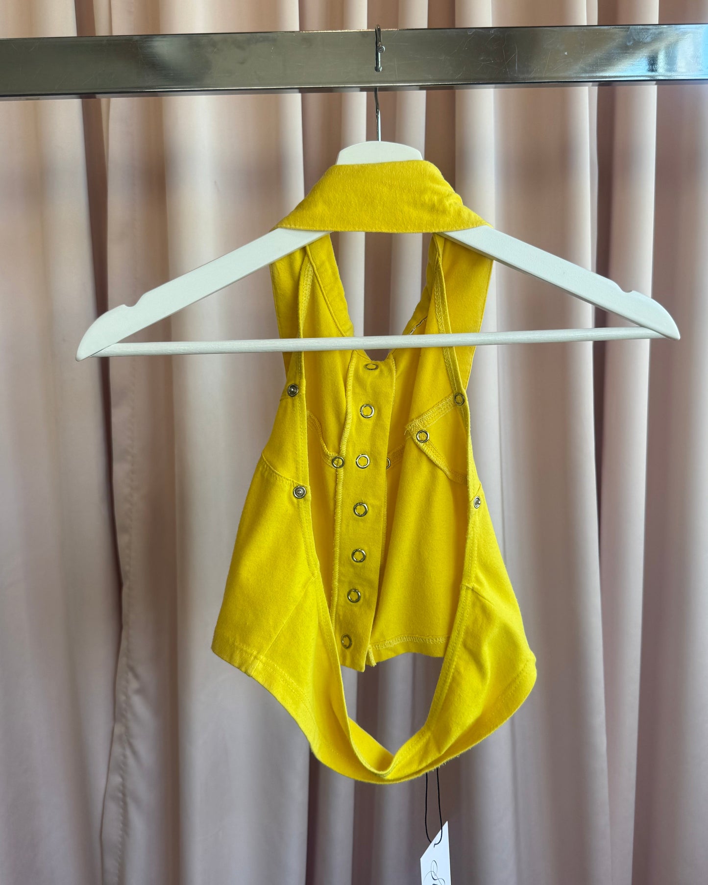 1990's Yellow Cropped Collared Button Up Halter Top