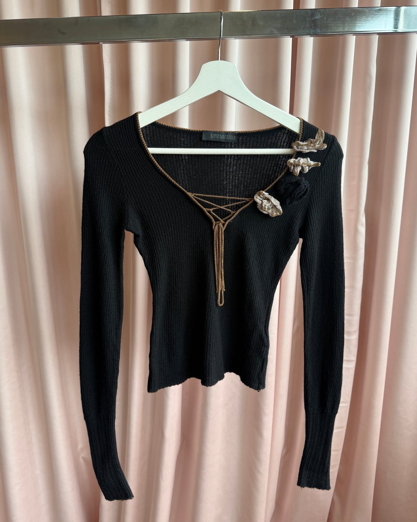 Italian Designer Knit Rosette Long Sleeve Top