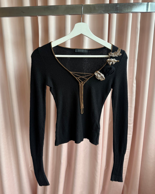 Italian Designer Knit Rosette Long Sleeve Top