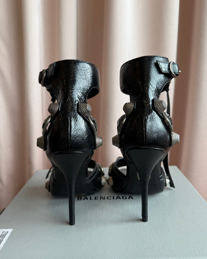 Balenciaga Cagole Studded Black Leather Stiletto Sandals