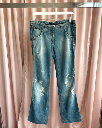 Dolce & Gabbana Ponyhair Patch Distressed Low Rise Flare Denim