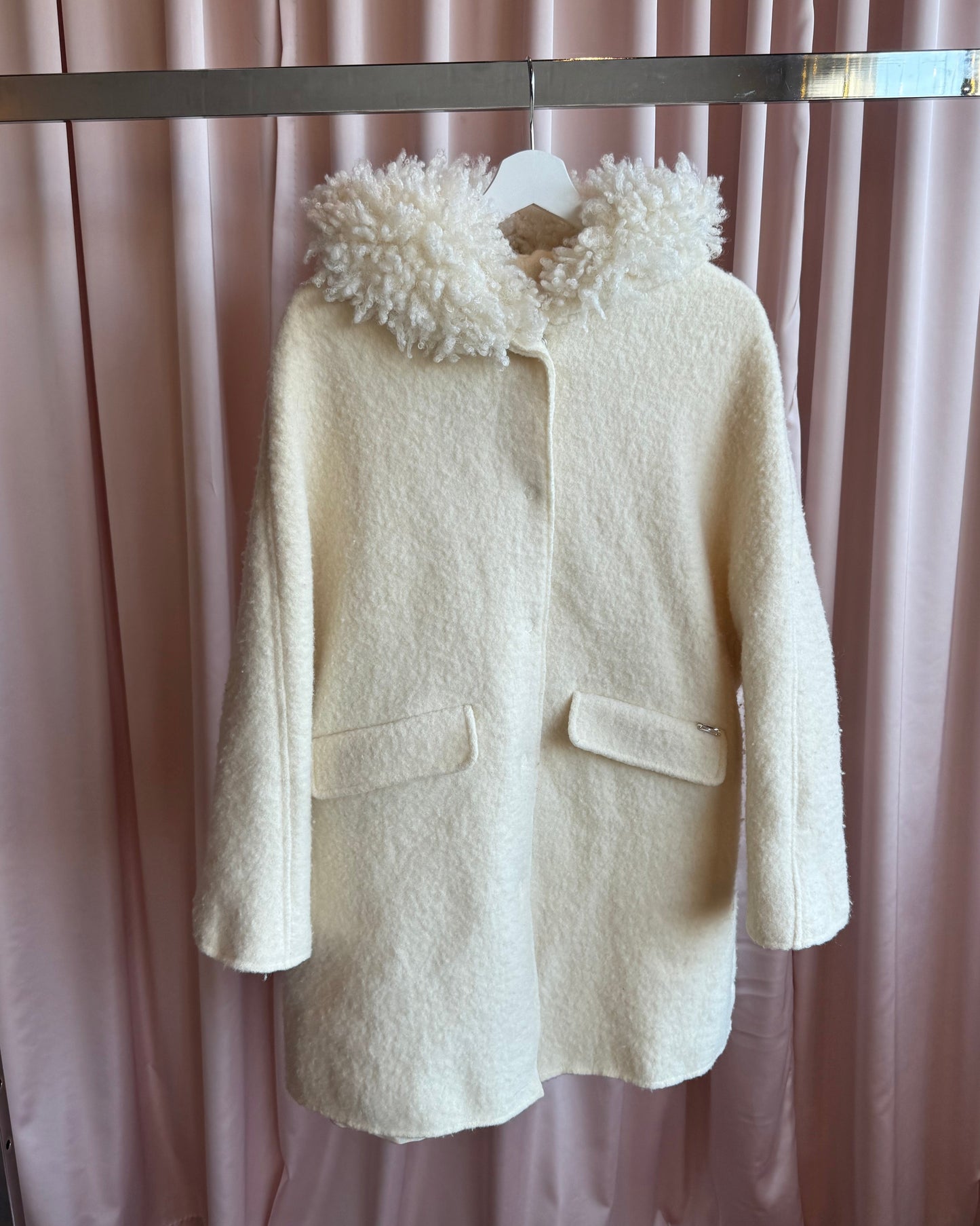 Italian Brand Ivory Wool Faux Fur Split Hood Coat