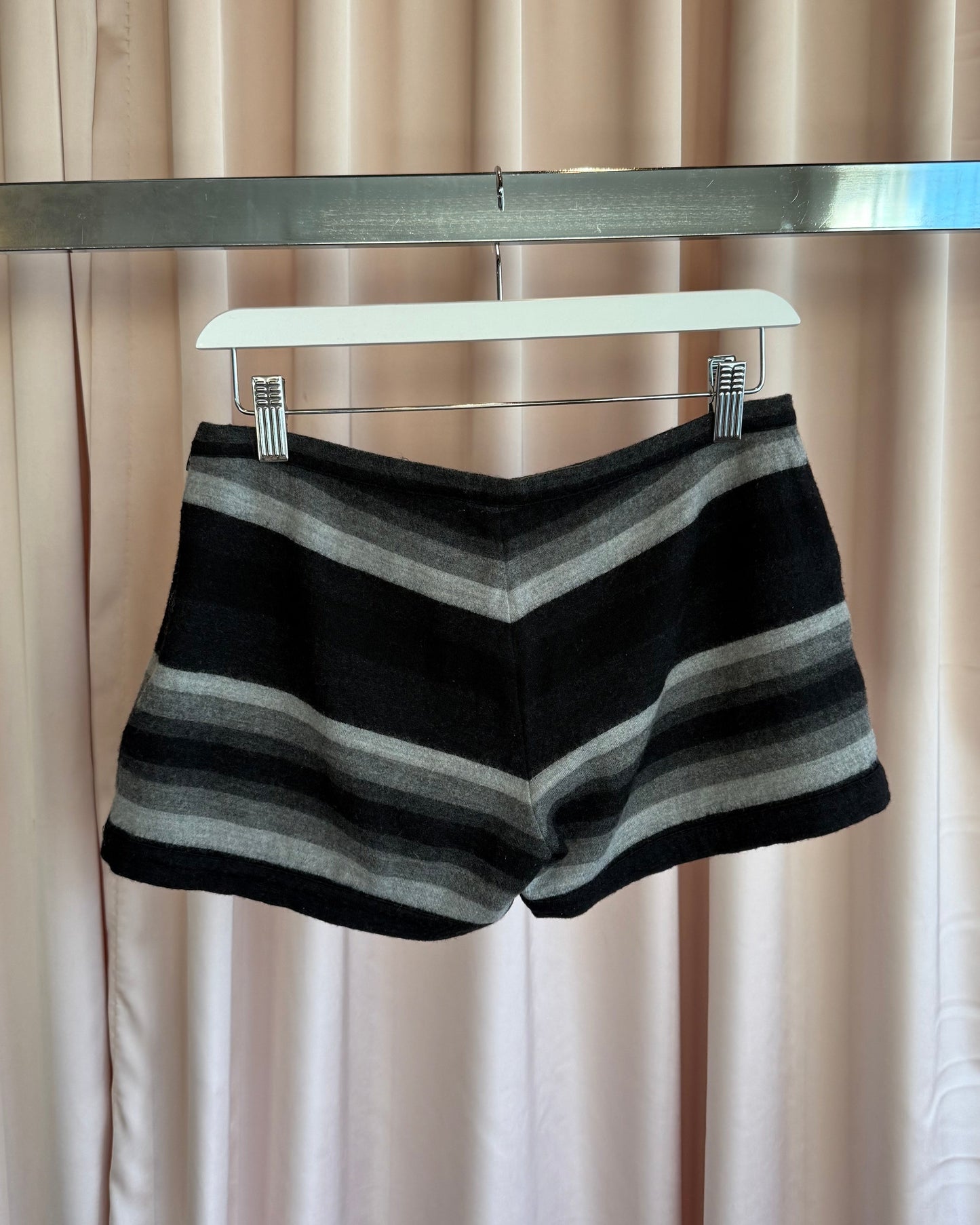 Japanese Brand Black & Grey Striped Wool Low Rise Mini Shorts