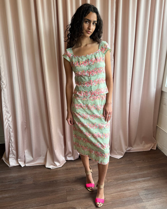 French Brand Floral Print Cotton Midi Skirt