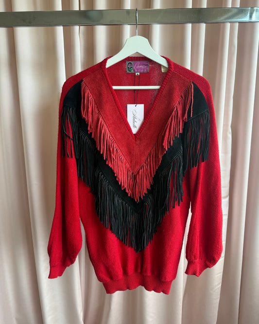 1980's Suede Fringe Red & Black Knit Sweater