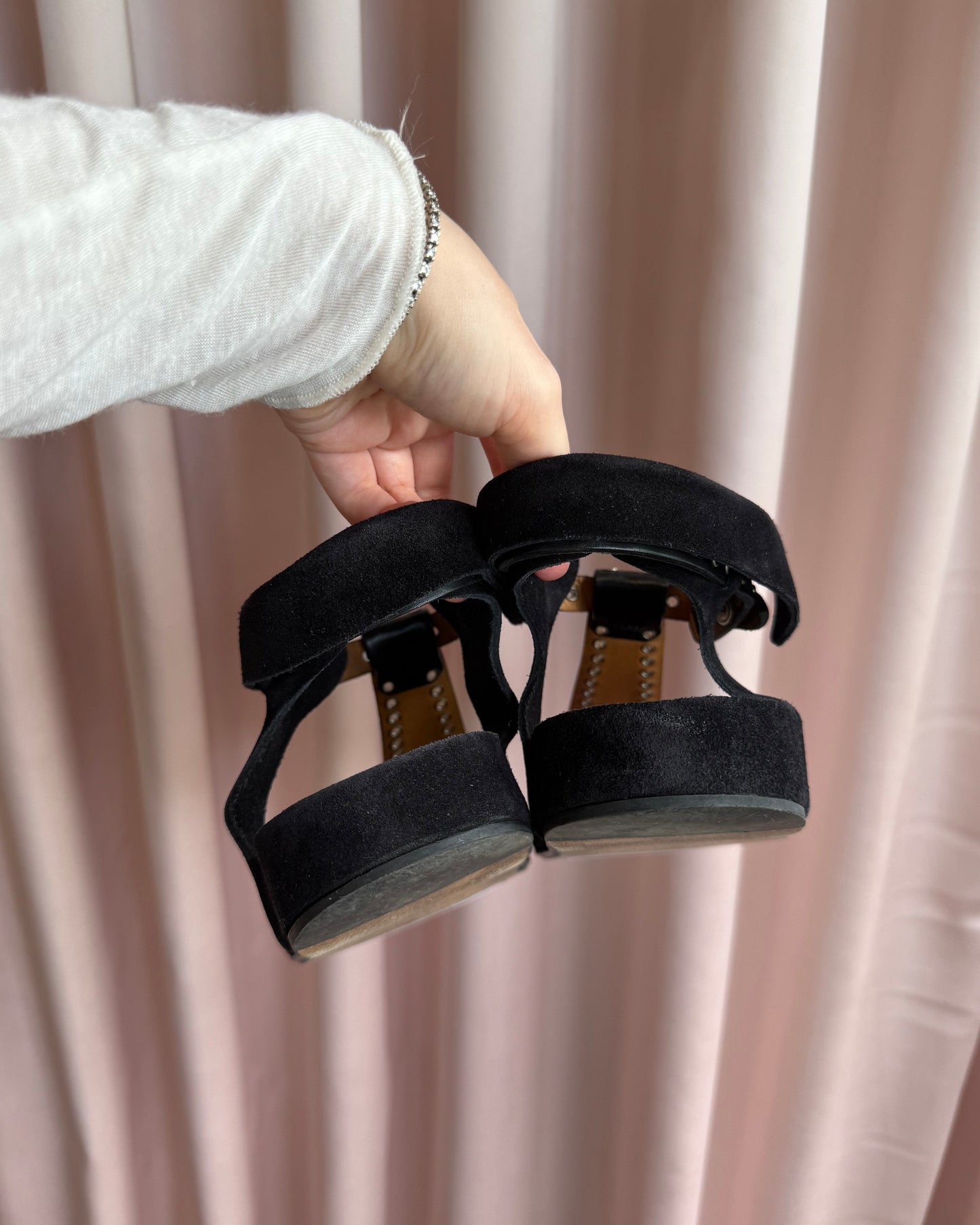Isabel Marant Black Leather & Suede Grommet Thong Sandals