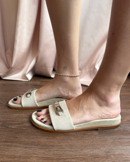Prada Silver Buckle Linen Flat Slide Sandals