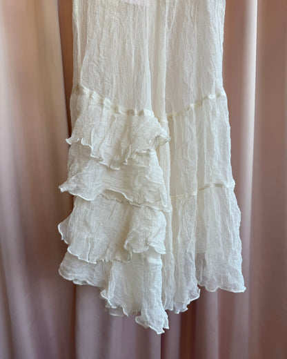 Parisian Designer Sheer White 100% Silk Bias Cut Ruffle Tiered Skirt