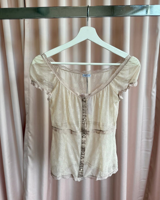 Intimissimi Sheer Lace Tan Button Up Milkmaid Top