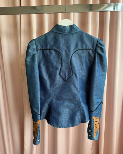 Castelbajac + Western Puff Sleeve Leather Appliqué Denim Shirt