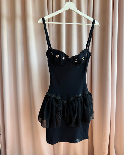 Hunza 1980's Black Grommet Bustier Peplum Dress