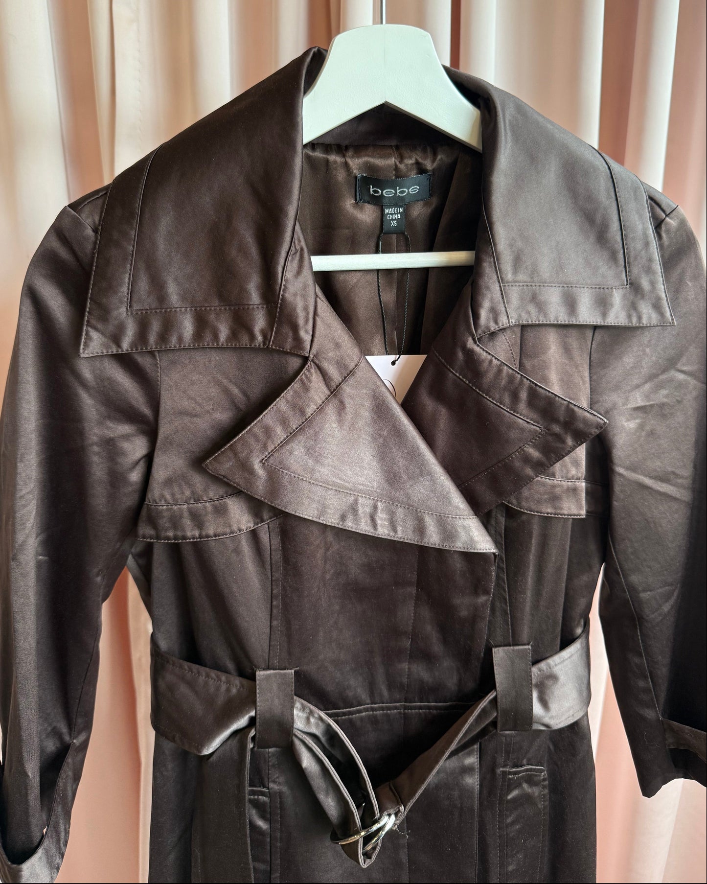 Bebe Chocolate Brown Satin Trench Coat