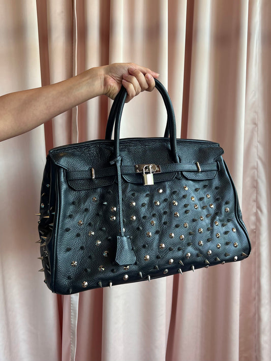 Spike Studded Black Leather Handbag