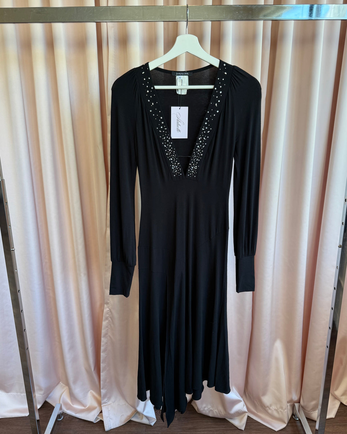 Italian Designer Black Low Cut Rhinestone V-Neck Long Sleeve Dress