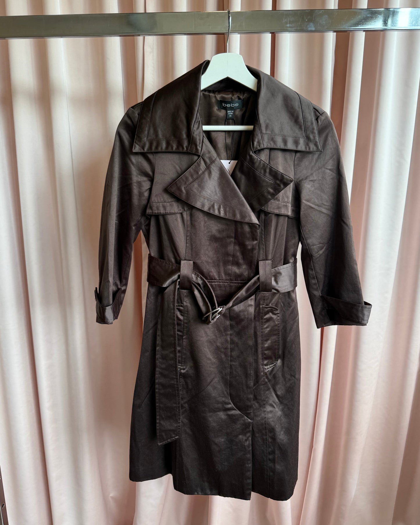 Bebe Chocolate Brown Satin Trench Coat