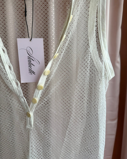 Italian Designer Cream White Open Knit Henley Tank Top