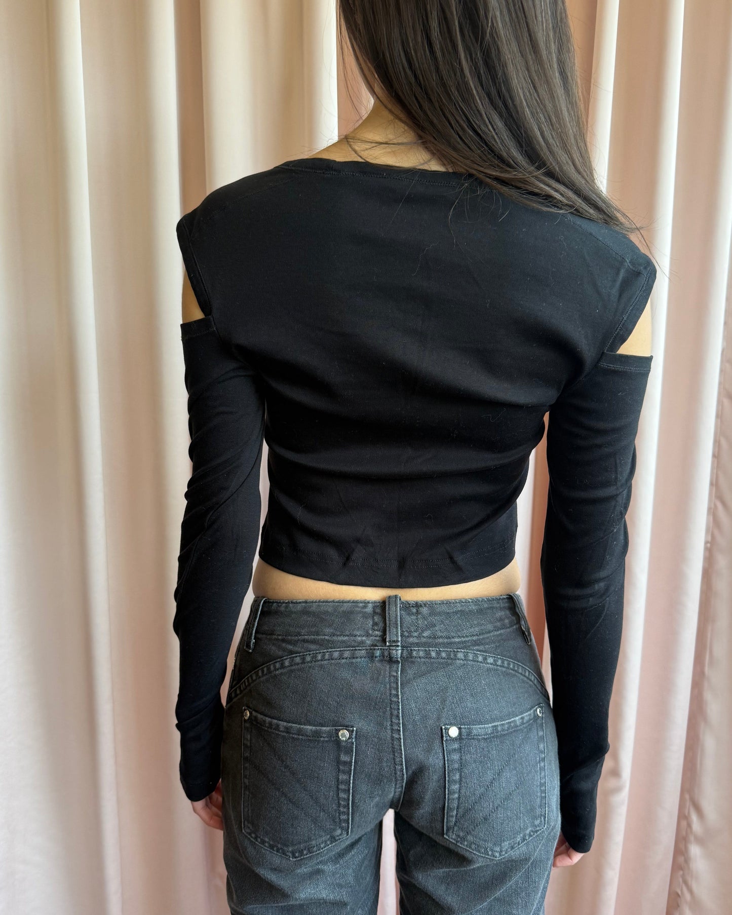 Helmut Lang Black Shoulder Cut Out Thumb Hole Long Sleeve Top