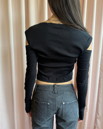Helmut Lang Black Shoulder Cut Out Thumb Hole Long Sleeve Top
