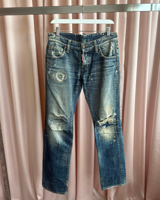 Dsquared² "Dean & Dan" Embroidered Distressed Faded Denim