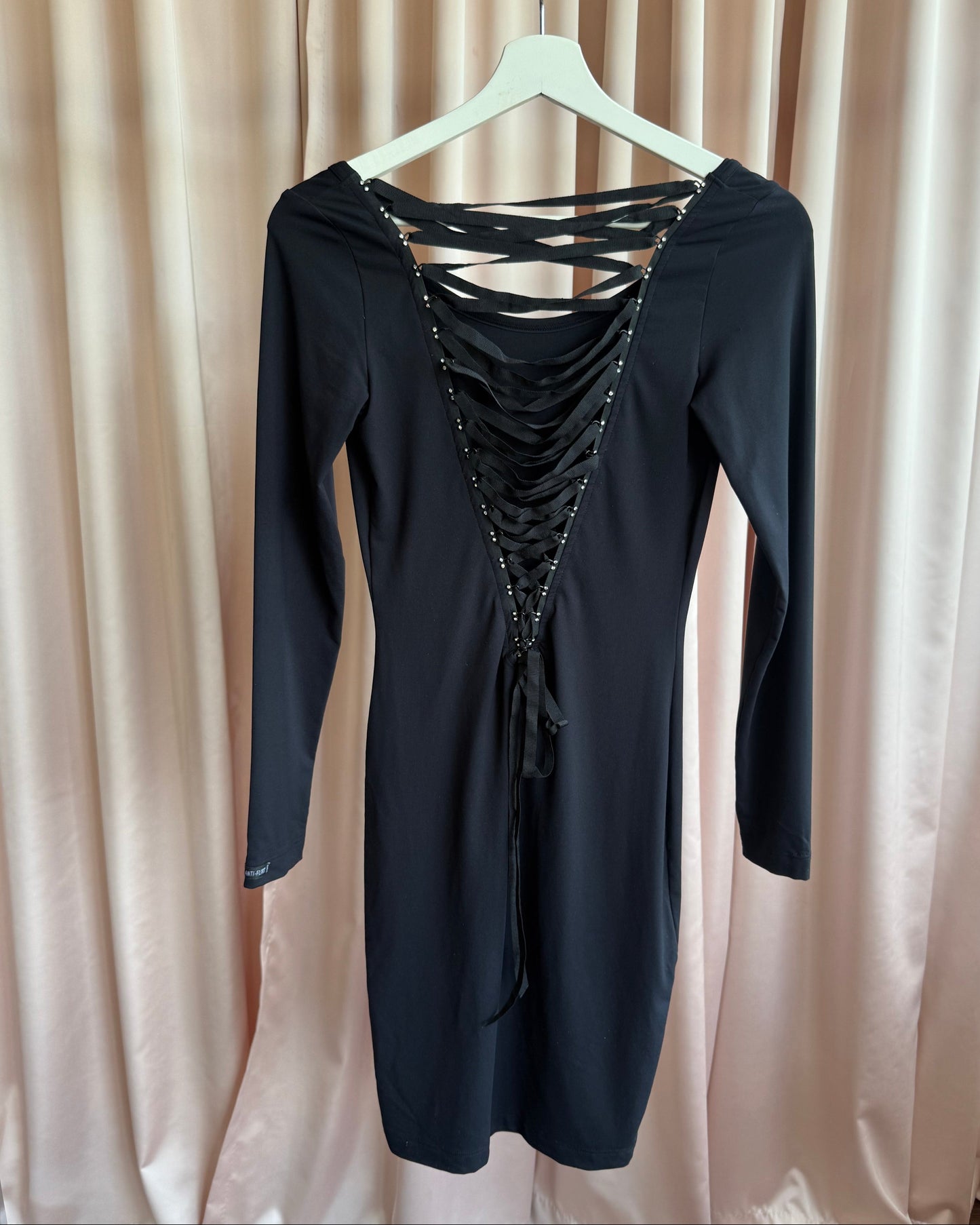 French Brand Black Lace Up Corset Back Long Sleeve Bodycon Dress