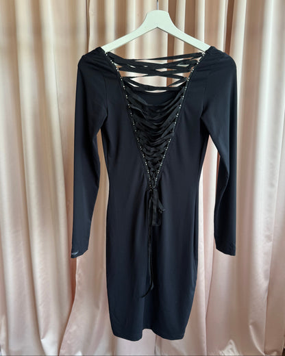 French Brand Black Lace Up Corset Back Long Sleeve Bodycon Dress