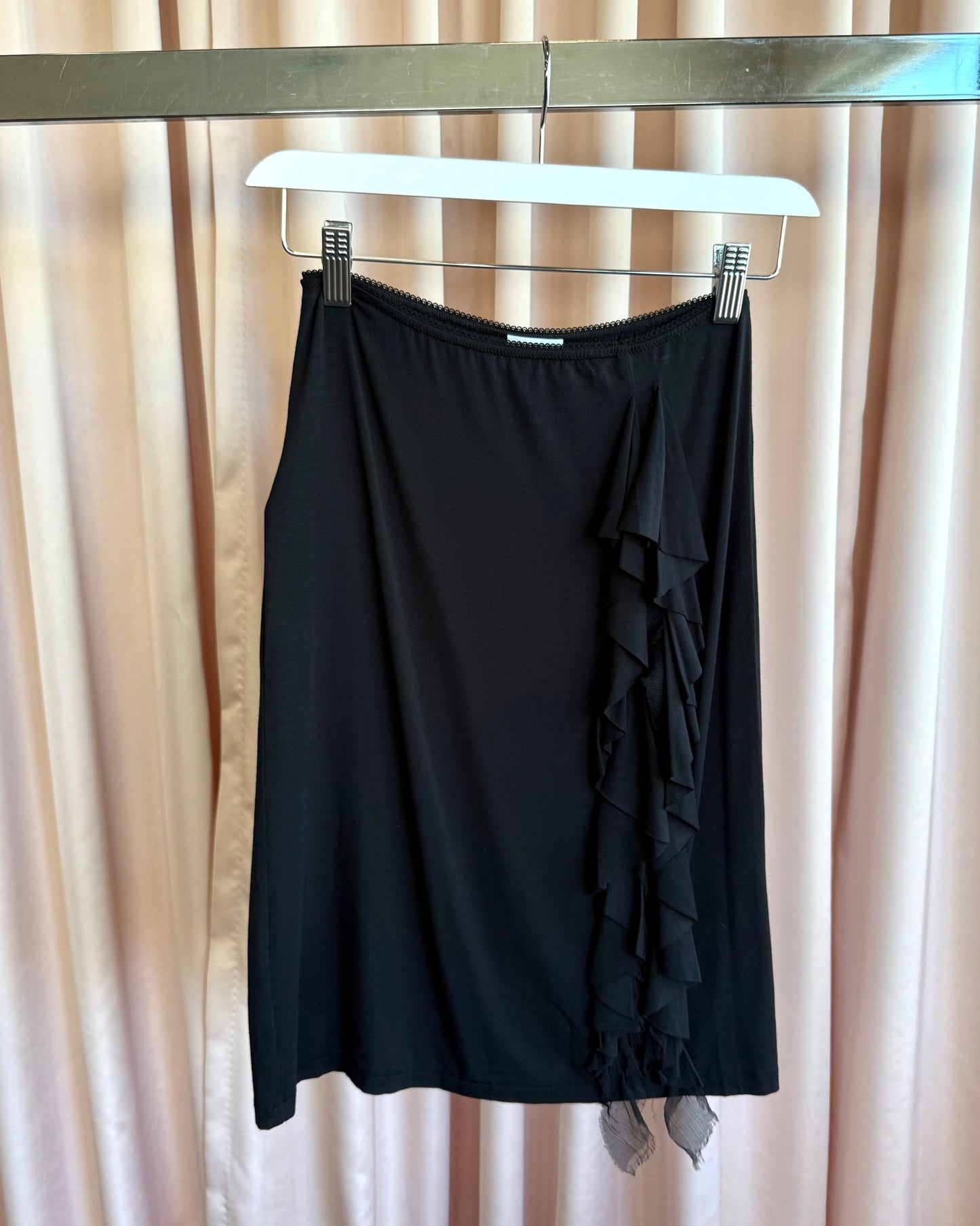 Italian Designer Black Micromodal Silk Ruffle Midi Skirt