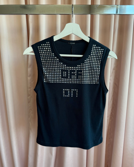 Sonia Rykiel "On & Off" Rhinestone Graphic Black Tank Top
