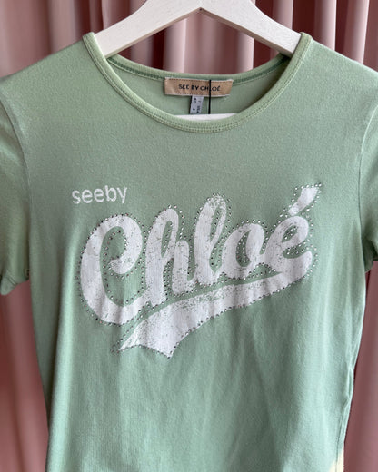See by Chloé Rhinestone Logo Mint T-Shirt