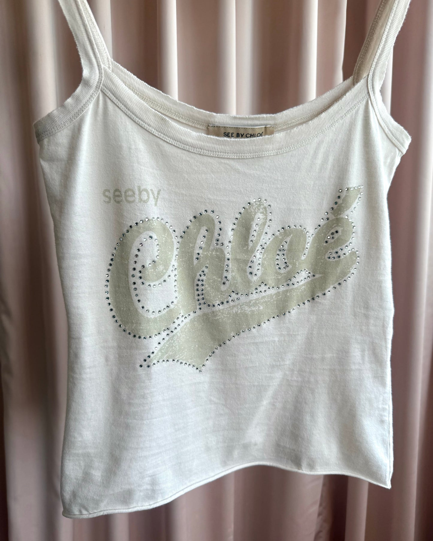 See by Chloé Rhinestone Logo Cream Tank Top