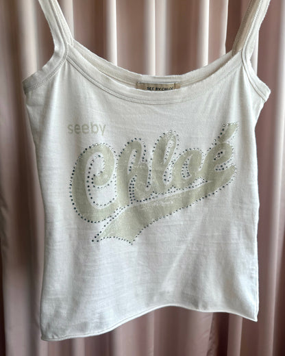 See by Chloé Rhinestone Logo Cream Tank Top