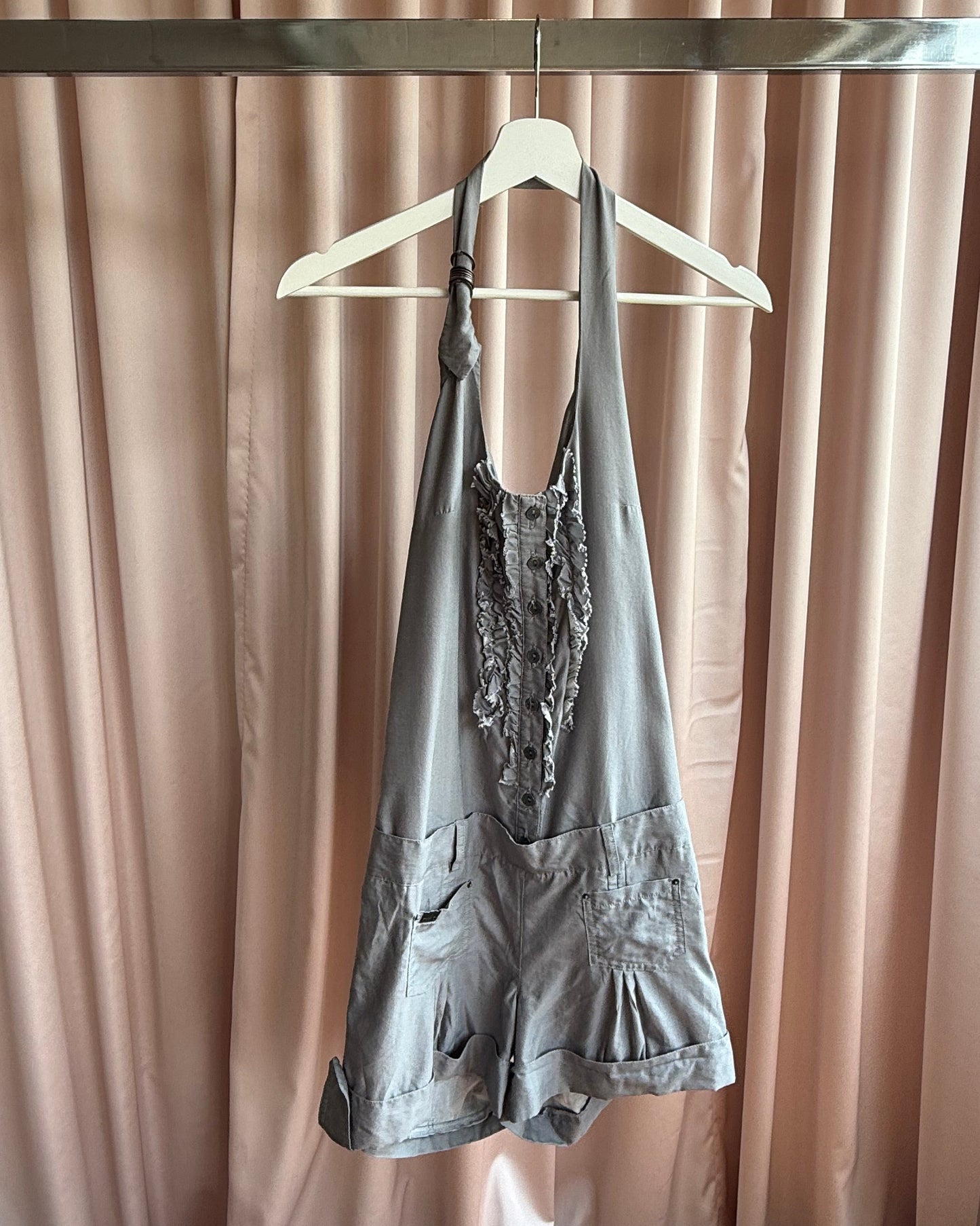 Cop Copine Grey Ruffle Button Up Halter Romper