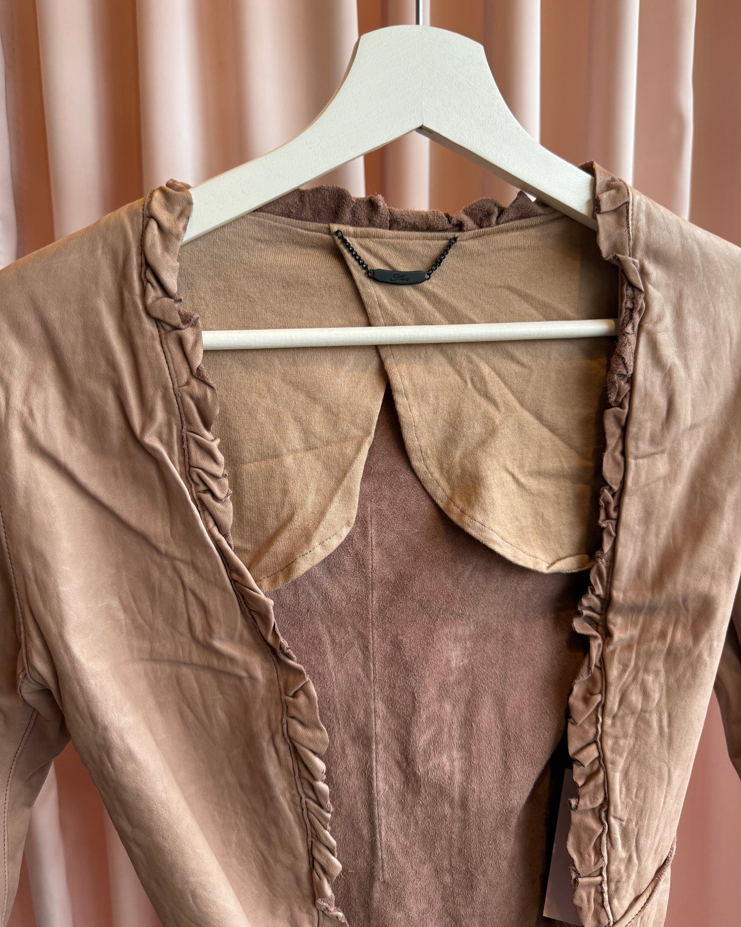 Sisii Faded Pink Ruffle Trim Waist Tie Leather Jacket