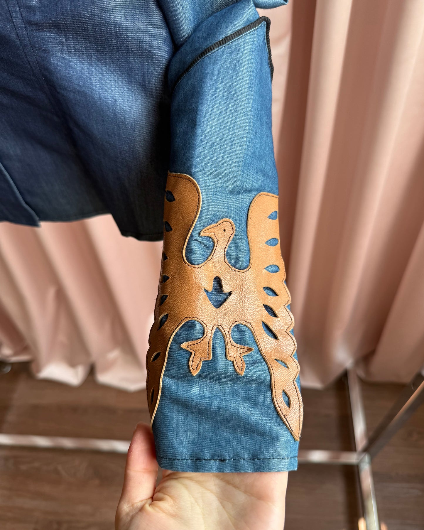 Castelbajac + Western Puff Sleeve Leather Appliqué Denim Shirt