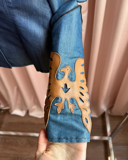 Castelbajac + Western Puff Sleeve Leather Appliqué Denim Shirt