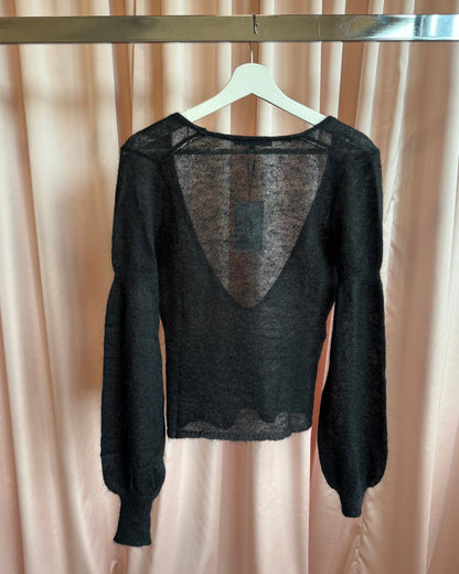 Japanese Brand Black Mohair Ultra Low V-Neck Bishop Sleeve Sweater