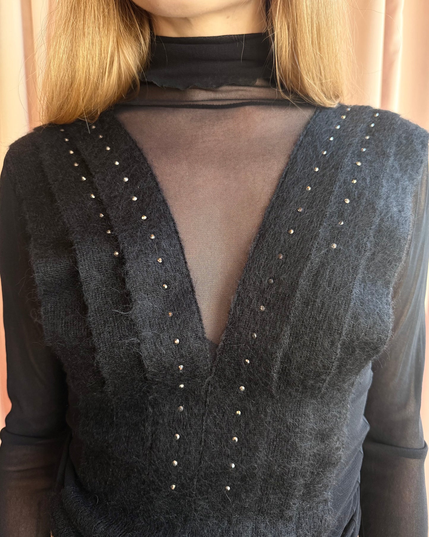 Italian Designer Double Layered Mesh Mohair Turtleneck Long Sleeve Top