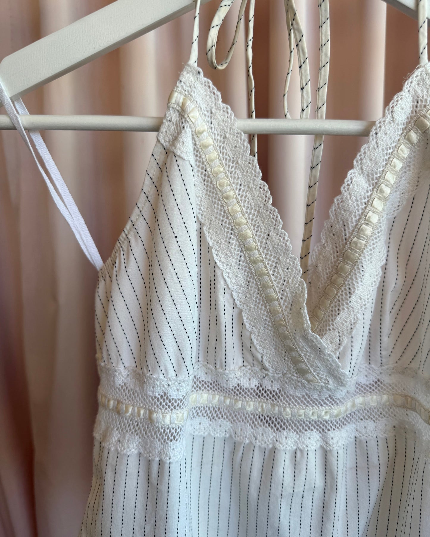 2000's USA Made Cream Pinstripe Crochet Trim Halter Top